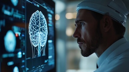 Poster - Doctor use robotic and innovative medical technology diagnose and examine patient brain with intelligence software AI Innovation medical healthcare and digital science technology in fu : Generative AI