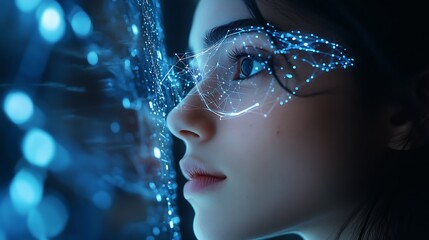 Fototapete - Digital technology internet network connection big data digital marketing IoT internet of things Woman using modern computer surfing internet futuristic metaverse innovative technology : Generative AI