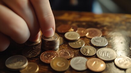 Poster - Man counts his coins on a table Personal finance finance management savings thrifty or avarice concept : Generative AI
