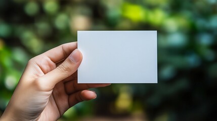 Hand hold blank plain white business card design mockup Clear calling cards mock up template holding arm Visit pasteboard paper surface display front Check small offset print Business  : Generative AI