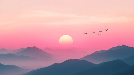 A pink sun setting behind mountains, birds flying in the sky