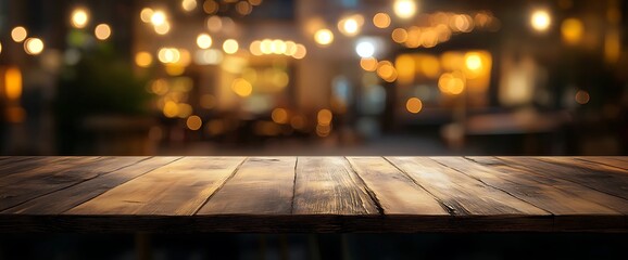 Poster - Wooden table top with blurred background of night lights and bokeh.