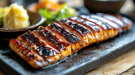 Wall Mural - Close-up of a perfectly grilled unagi fillet, glazed with a thick, sweet soy-based sauce, served with traditional Japanese sides.