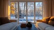 © The Little Hut - Interior image of English home style show two windows in warm living room see through the landscape natural view of big trees outsite in winter season : Generative AI