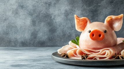 Sticker - A pig shaped like a ham on top of some food, AI