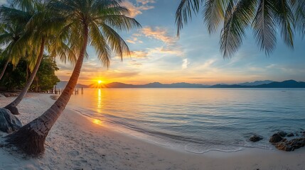 Poster - Island palm tree sea sand beach Panoramic beach landscape Inspire tropical beach seascape horizon Orange and golden sunset sky calmness tranquil relaxing summer mood Vacation travel ho : Generative AI
