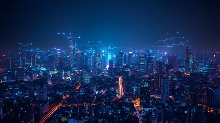 Poster - Modern city with wireless network connection and city scape conceptWireless network and Connection technology concept with city background at night : Generative AI