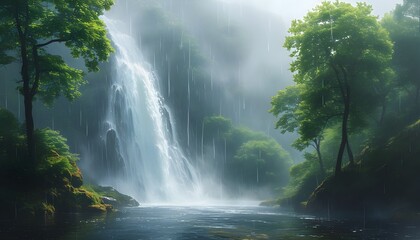 Enchanting misty landscape with cascading waterfalls embraced by vibrant lush greenery