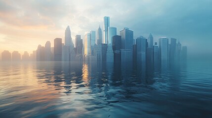 Modern city skyline reflecting on water at sunset with misty atmosphere.