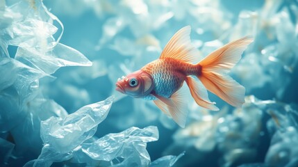 Goldfish swimming in a polluted aquatic environment with plastic debris.