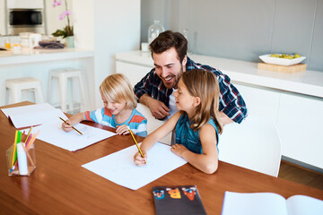 Wall Mural - Dad, children and paper in home for education, distance learning and creativity for growth. Father, kids and happy at table for fun activity, art project and drawing skill development in lesson