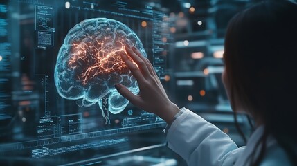 Poster - Doctor use robotic and innovative medical technology diagnose and examine patient brain with intelligence software AI Innovation medical healthcare and digital science technology in fu : Generative AI