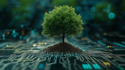 Leinwandbilder - Tree with soil growing on  the converging point of computer circuit board Blue light and wireframe network background Green Computing Green Technology Green IT csr and IT ethics Concep : Generative AI