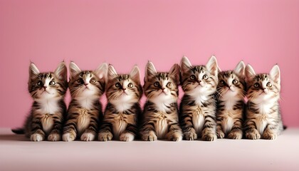 Adorable kittens gazing at the camera against a soft pink backdrop, ideal for pet and animal-themed designs.