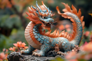 Colorful dragon sculpture amidst vibrant floral surroundings.