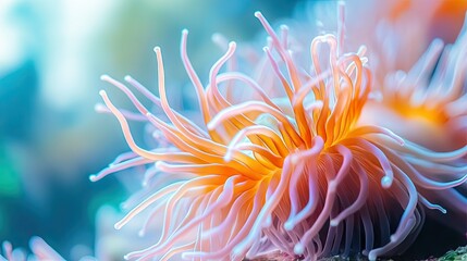 Close-up of a sea anemone with delicate tentacles and a blurred underwater background, offering plenty of copy space on one side.