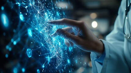 Fototapete - Medicine doctor touching medical global network Computing electronic medical record DNA Digital healthcare and network connection on virtual interface medical technology and innovation : Generative AI