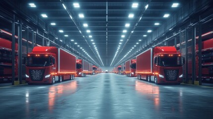 Red trucks in a modern warehouse with industrial lighting.