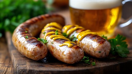 Wall Mural - White Bavarian sausages, a beer mug with foam, and mustard in a ceramic dish, placed on a wooden background with Oktoberfest decorations in a cozy, festive atmosphere 