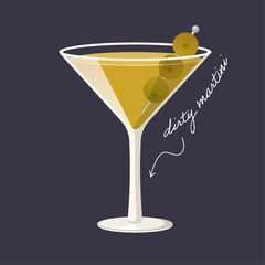 Dirty martini cocktail isolated on black background. Vector illustration of classical alcohol drink garnished with olives