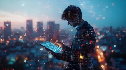 Fototapete - Business and technology software development IoT concept Double exposure man programmer software developer working on digital tablet and smart city with binary html computer code on sc : Generative AI
