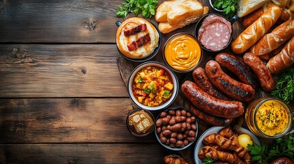 Wall Mural - Traditional German food, white sausages with mustard, a large beer mug, and pretzels on a wooden table, set for Oktoberfest with a rustic, warm aesthetic