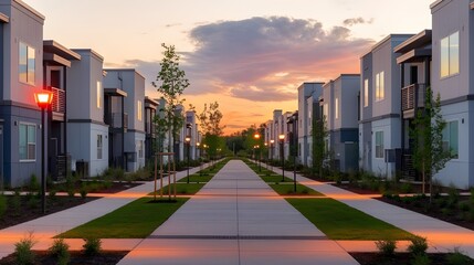 Wall Mural - Modern Apartment Complex Walkway at Sunset