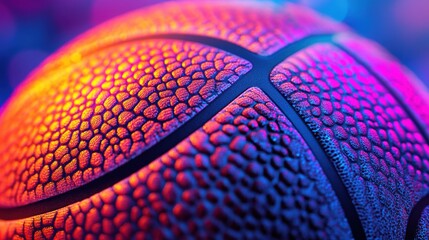 Close-up of a basketball with vibrant colors on a textured surface.