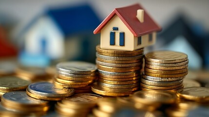 Poster - Property taxinvestment planningbusiness real estate View Of coin stack with house model mortgage loading real estate property with loan money bank conceptHome sales and home insurance  : Generative AI