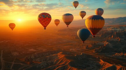 Colorful hot air balloons flying in the golden sunrise over scenic valleys.