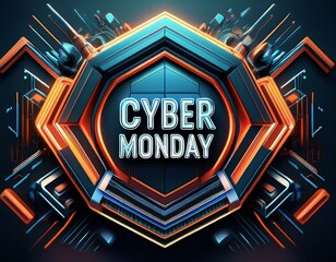 Cyber monday icon. Three-dimensional visualization of cyber monday against a dark background with angled shapes. Innovative resource for advertising, promotion, branding, and campaigns