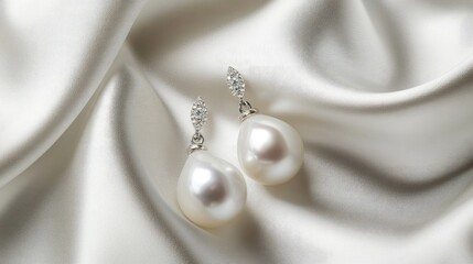 A pair of pearl drop earrings displayed against a white silk background, the soft sheen of the pearls contrasting with the smooth fabric for a refined look.