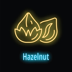 Wall Mural - Bright yellow neon sign depicting hazelnut with leaves, glowing on black background