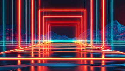 Retro-futuristic poster featuring vibrant digital neon lines and graphics, capturing the essence of a nostalgic yet modern aesthetic