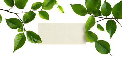 Wall Mural - Decorative green leaves and a card with copy space isolated on white