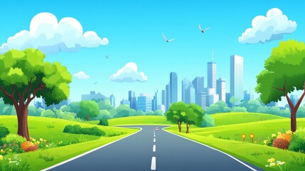 A free vector cartoon background of a city road with modern buildings and a green landscape, in the style of a cartoon style.