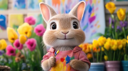 Poster - A rabbit is holding a paint brush and standing in front of flowers, AI