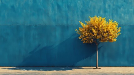 Canvas Print - A tree is standing in front of a blue wall