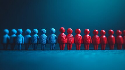 Wall Mural - A group of people are standing in a line, some are blue and some are red