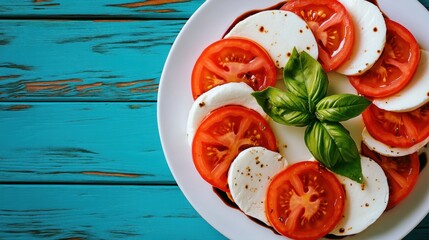 Poster - A plate of a white table topped with tomatoes and basil, AI