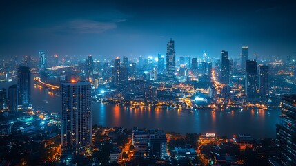 Fototapete - Smart network and Connection technology concept with Bangkok city background at night in Thailand Panorama view : Generative AI