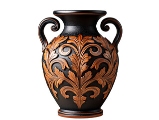 a black and orange vase with two handles