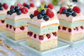 Wall Mural - Colorful layered cake topped with berries and mint leaves.