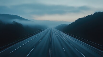 A serene early morning shot of an empty expressway, with mist rising and the sun just beginning to rise, creating a calm atmosphere before the day starts.