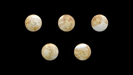 a set of white aged circles, rusty stationery tacks, front view, isolated metal push rounded pins on black background