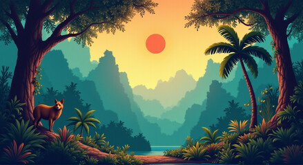 Wall Mural - tropical sunset with island