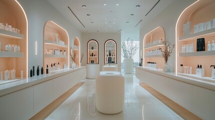 AI-driven beauty salon interior with smart mirror and modern design featuring high-tech skincare products