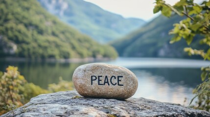 Stone with the word Peace on it by a serene lake in a mountainous landscape