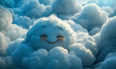 Cheerful animated cloud character nestled among fluffy clouds