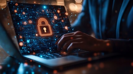 Fototapete - Cyber security network Data protection concept Businessman using laptop computer with digital padlock on internet technology networking with cloud computing and data management cyberse : Generative AI